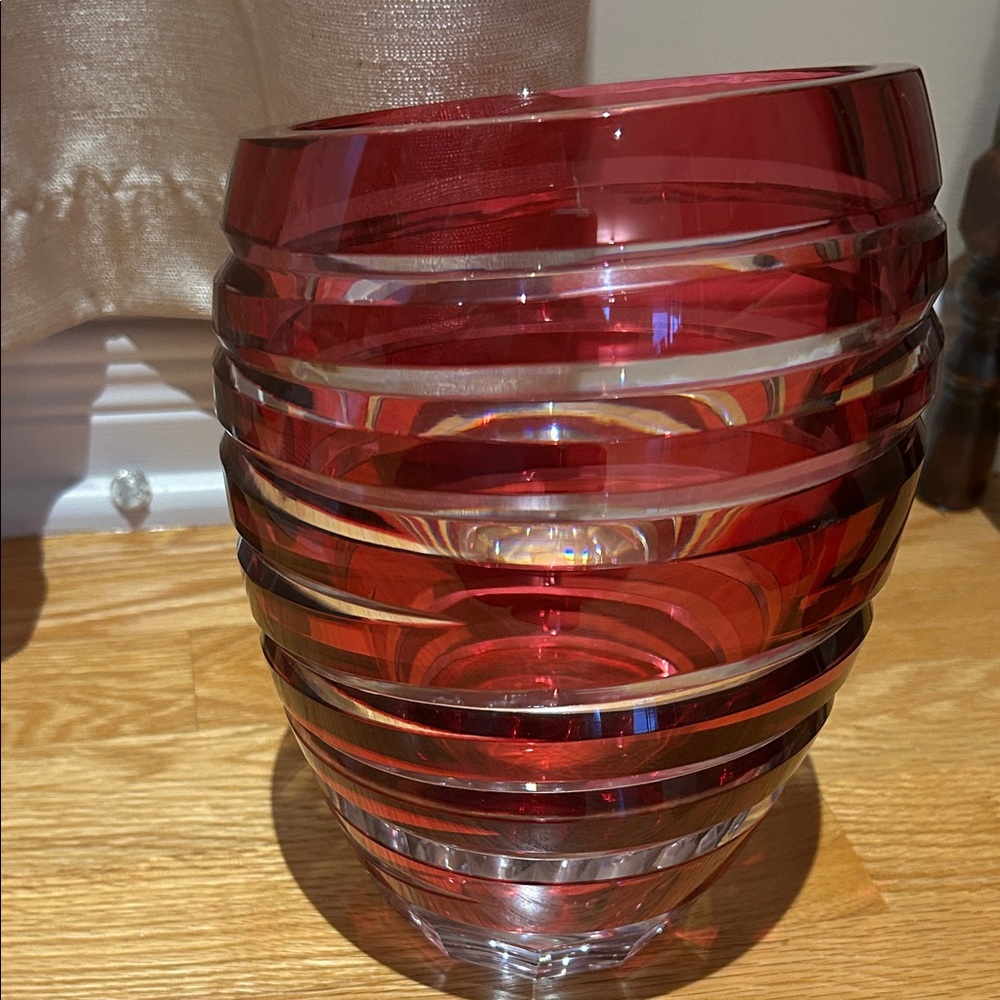 Val St Lambert Crimson Swirl Glass Vase